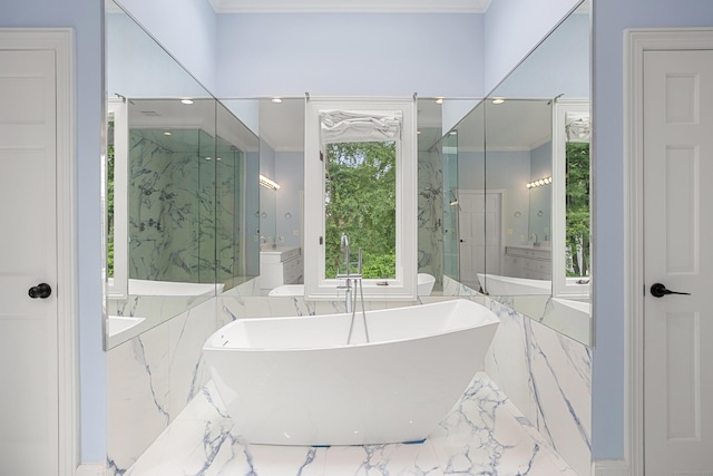 106A Comstock Hill Ave, Norwalk, CT 06850 - full bathroom with marble tiled floors, a soaking tub, vanity, a marble finish shower, and ornamental molding