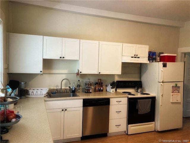 288 Benham Rd, Groton, CT 06340 - kitchen with stainless steel dishwasher, range with electric stovetop, freestanding refrigerator, under cabinet range hood, and white cabinets