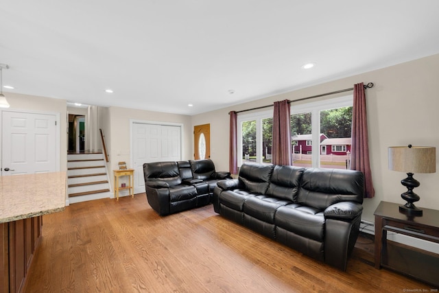 18 Arbor Rd, Monroe, CT 06468 - living area with stairs, light wood-style floors, and recessed lighting