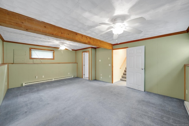 18 Arbor Rd, Monroe, CT 06468 - basement featuring baseboard heating, ceiling fan, carpet, stairs, and crown molding