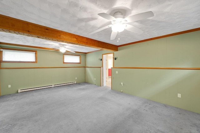 18 Arbor Rd, Monroe, CT 06468 - carpeted empty room featuring baseboard heating, a ceiling fan, and ornamental molding