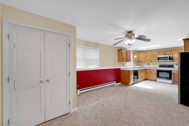 18 Arbor Rd, Monroe, CT 06468 - kitchen featuring stainless steel appliances, baseboard heating, light countertops, a ceiling fan, and light colored carpet