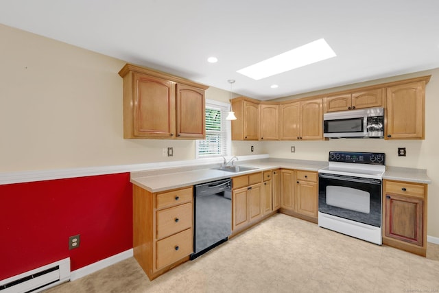 18 Arbor Rd, Monroe, CT 06468 - kitchen featuring electric range oven, stainless steel microwave, a baseboard heating unit, black dishwasher, and light countertops