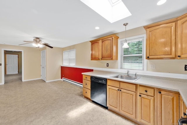 18 Arbor Rd, Monroe, CT 06468 - kitchen featuring dishwasher, a skylight, baseboard heating, ceiling fan, and light countertops