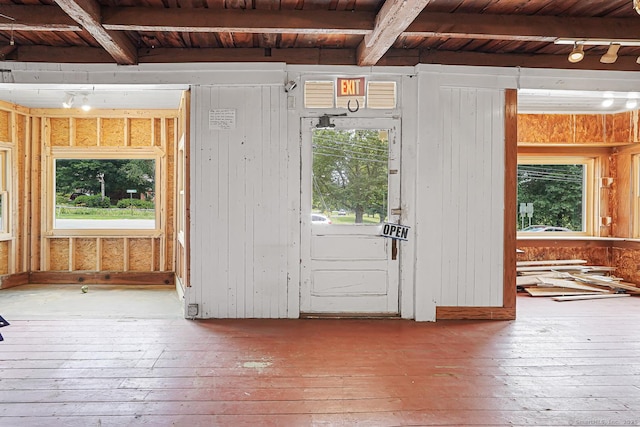 326 Rte 169, Woodstock, CT 06281 - entryway with wood-type flooring, a wooden ceiling with exposed beams, and wood walls