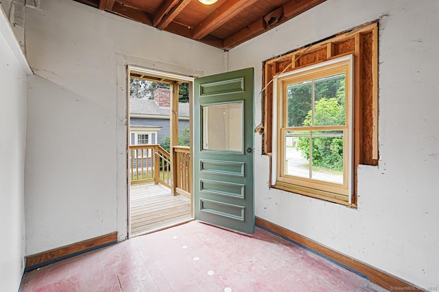 326 Rte 169, Woodstock, CT 06281 - doorway to outside with light wood-type flooring and a wood ceiling with exposed beams