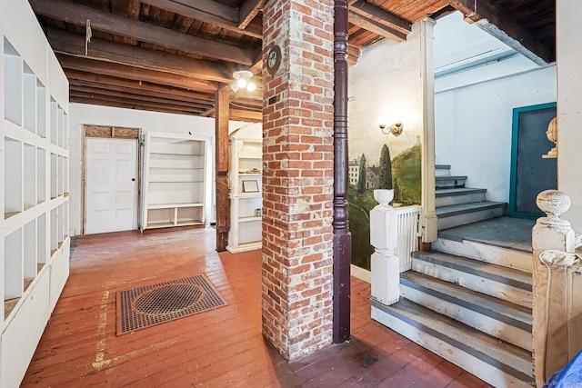 326 Rte 169, Woodstock, CT 06281 - hall featuring hardwood / wood-style floors, stairway, and a wooden ceiling with exposed beams