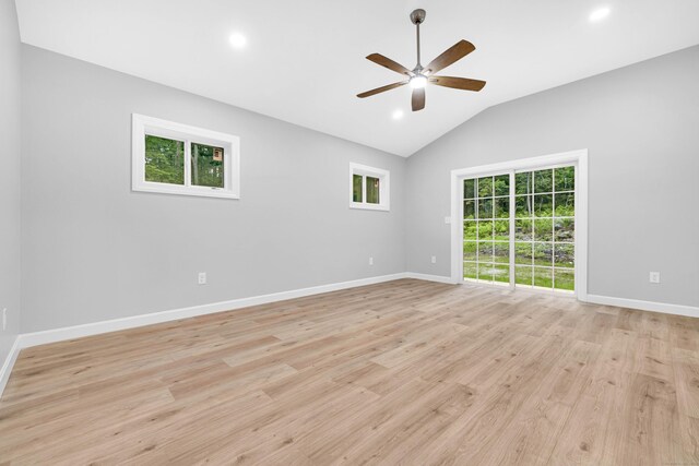 53 Windham Rd, Hampton, CT 06247 - empty room featuring a ceiling fan, vaulted ceiling, recessed lighting, and light wood-type flooring