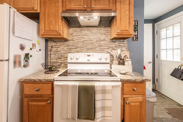 19 Marion St, Hartford, CT 06106 - kitchen featuring ventilation hood, white appliances, decorative backsplash, brown cabinets, and light stone countertops