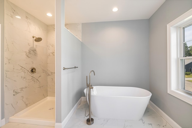 6 Kaatskill Ln, East Lyme, CT 06357 - bathroom with marble look tile flooring, a freestanding bath, a tile shower, and recessed lighting