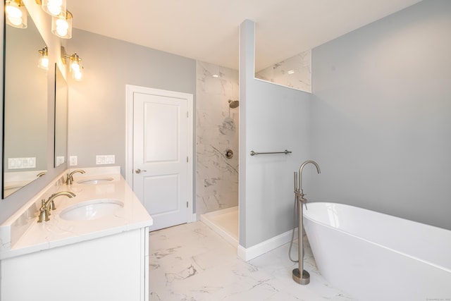 6 Kaatskill Ln, East Lyme, CT 06357 - full bath featuring marble look tiles, double vanity, a freestanding bath, and tiled shower
