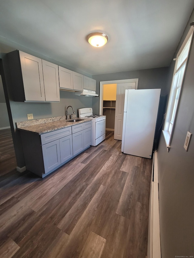 45 Mahl Ave, Hartford, CT 06154 - kitchen with white appliances, under cabinet range hood, dark wood-style flooring, and light stone countertops