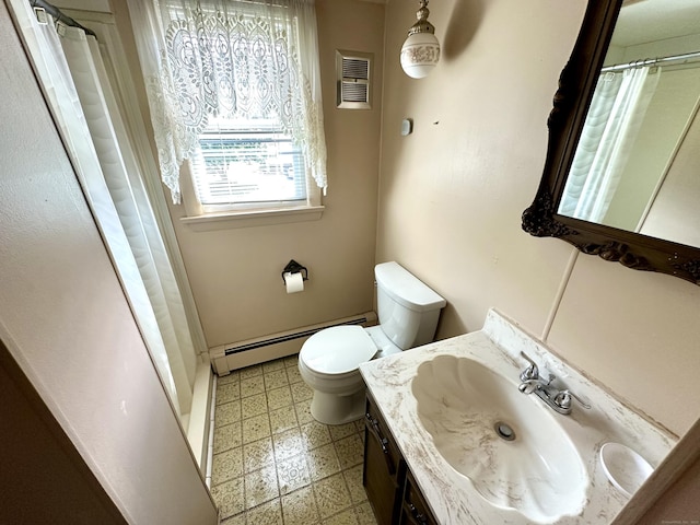 175 Coram Rd, Shelton, CT 06484 - full bathroom featuring a baseboard heating unit, vanity, tile patterned floors, and curtained shower