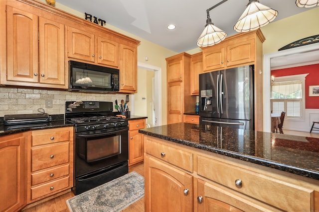 118 Cobblestone Dr, Southington, CT 06479 - kitchen featuring black appliances, light wood finished floors, tasteful backsplash, dark stone counters, and decorative light fixtures