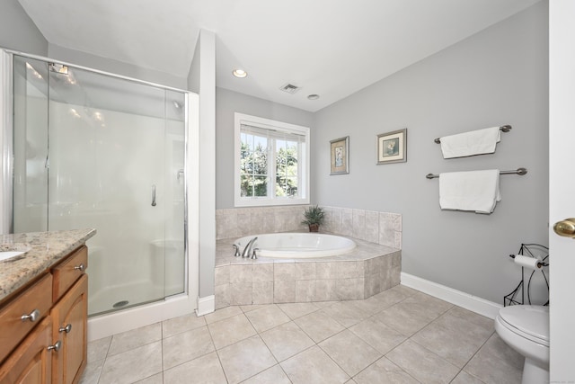118 Cobblestone Dr, Southington, CT 06479 - bathroom featuring vanity, a stall shower, a bath, and tile patterned floors