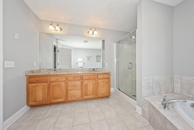 118 Cobblestone Dr, Southington, CT 06479 - bathroom with a garden tub, double vanity, a stall shower, and tile patterned flooring