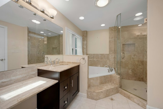 46 Bowman Dr, Greenwich, CT 06831 - bathroom with a bath, vanity, a stall shower, tile patterned floors, and recessed lighting