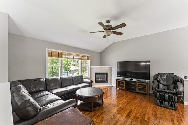 24 Ken Oaks Dr, Danbury, CT 06810 - living room featuring ceiling fan, vaulted ceiling, dark wood finished floors, and a glass covered fireplace