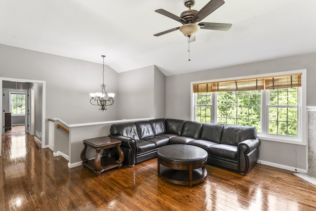 24 Ken Oaks Dr, Danbury, CT 06810 - living room featuring vaulted ceiling, wood finished floors, a chandelier, and ceiling fan