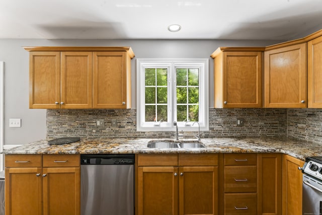 24 Ken Oaks Dr, Danbury, CT 06810 - kitchen featuring stainless steel dishwasher, decorative backsplash, range, light stone countertops, and recessed lighting
