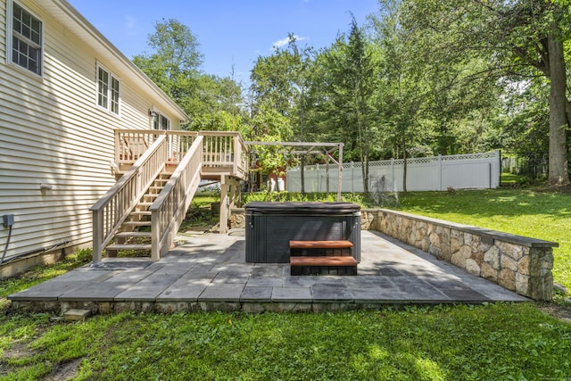24 Ken Oaks Dr, Danbury, CT 06810 - fenced backyard featuring a hot tub, stairs, a deck, and a patio area