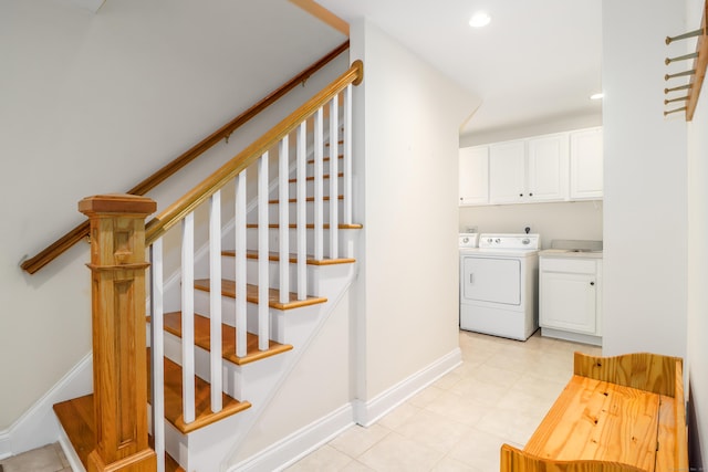 35 Vista Rd, Wilton, CT 06897 - laundry area with cabinet space, washing machine and dryer, and recessed lighting