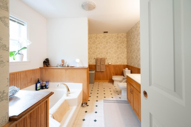 30 Partridge Rd, Stamford, CT 06903 - full bathroom featuring wainscoting, vanity, a bath, wallpapered walls, and wood walls