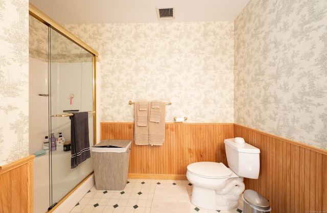 30 Partridge Rd, Stamford, CT 06903 - bathroom featuring a wainscoted wall, an enclosed shower, and wooden walls