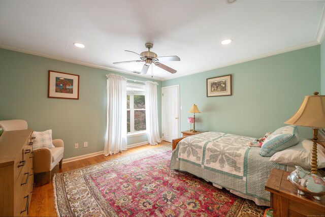 30 Partridge Rd, Stamford, CT 06903 - bedroom with ornamental molding, light wood finished floors, recessed lighting, and a ceiling fan