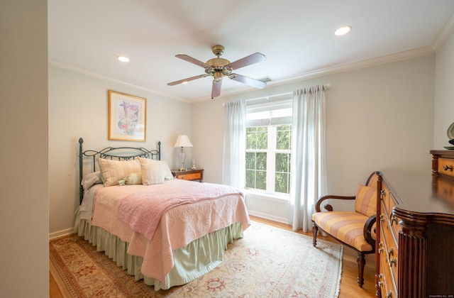30 Partridge Rd, Stamford, CT 06903 - bedroom featuring light wood-style flooring, recessed lighting, ornamental molding, and ceiling fan