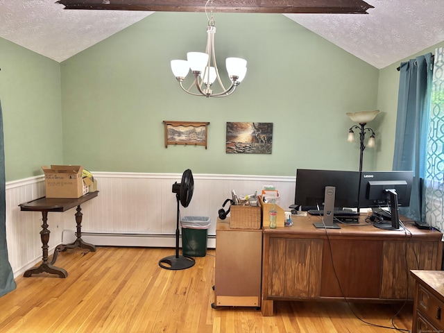 3 Millstream Rd, Hebron, CT 06231 - office area featuring vaulted ceiling, a wainscoted wall, wood finished floors, a chandelier, and a textured ceiling