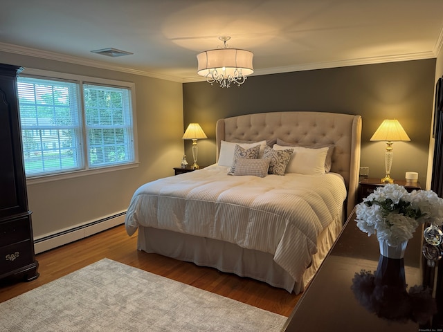 475 Riverside Dr, Cheshire, CT 06410 - bedroom with a baseboard radiator, wood finished floors, ornamental molding, and a chandelier