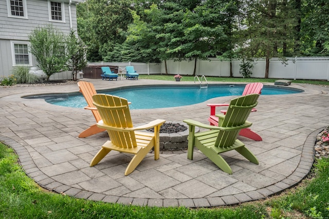 35 Walker Ln, West Hartford, CT 06117 - view of swimming pool featuring a fenced backyard, a patio area, and an outdoor fire pit