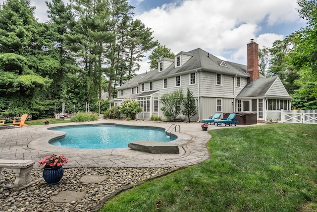 35 Walker Ln, West Hartford, CT 06117 - swimming pool with a sunroom, a hot tub, and a patio area
