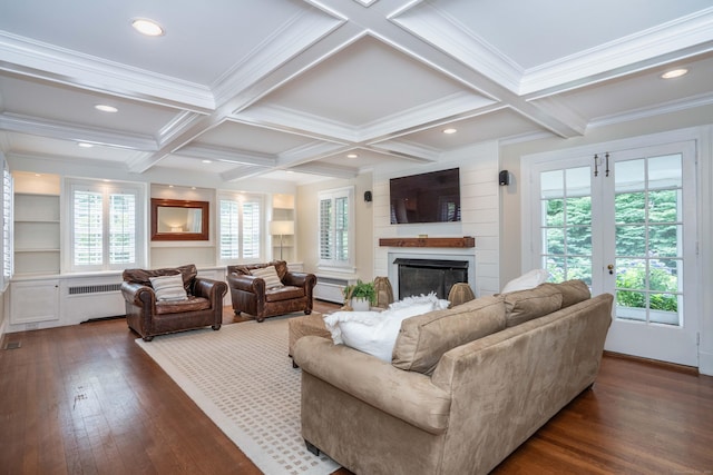 35 Walker Ln, West Hartford, CT 06117 - living room with a fireplace, dark wood finished floors, beamed ceiling, coffered ceiling, and radiator