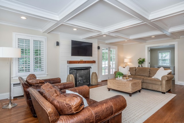 35 Walker Ln, West Hartford, CT 06117 - living room with coffered ceiling, dark wood-style flooring, beam ceiling, a fireplace with flush hearth, and recessed lighting