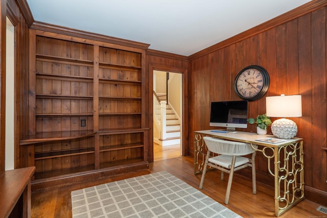 35 Walker Ln, West Hartford, CT 06117 - home office featuring wooden walls, wood finished floors, and ornamental molding