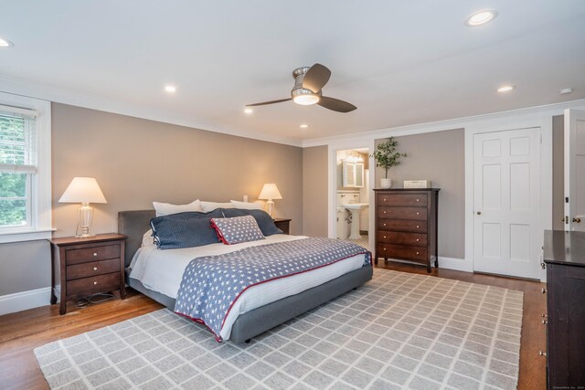 35 Walker Ln, West Hartford, CT 06117 - bedroom featuring light wood finished floors, crown molding, recessed lighting, a ceiling fan, and ensuite bathroom