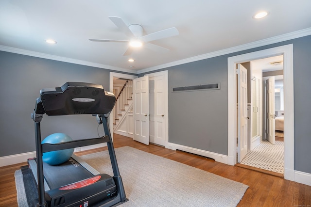 35 Walker Ln, West Hartford, CT 06117 - workout room featuring a ceiling fan, wood finished floors, crown molding, and recessed lighting