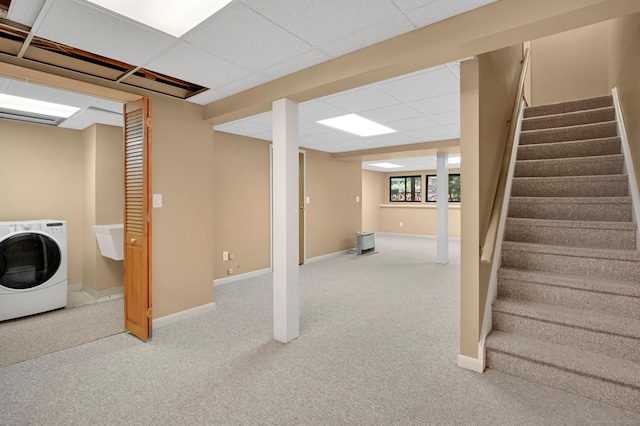 55 Wickhams Fancy Unit 55, Canton, CT 06019 - below grade area with washer / clothes dryer, carpet, stairway, and a paneled ceiling