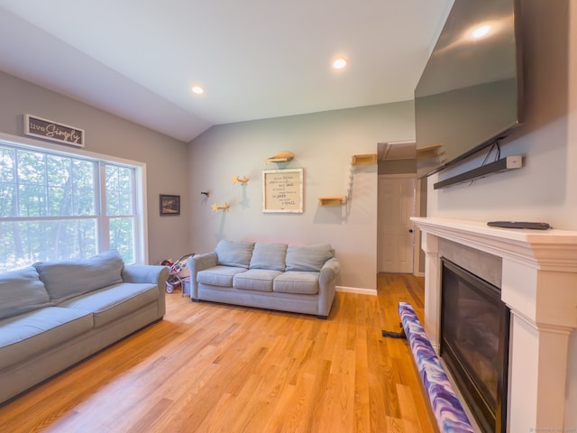 81 Lillis Rd, New Milford, CT 06776 - living room with a glass covered fireplace, light wood finished floors, vaulted ceiling, and recessed lighting