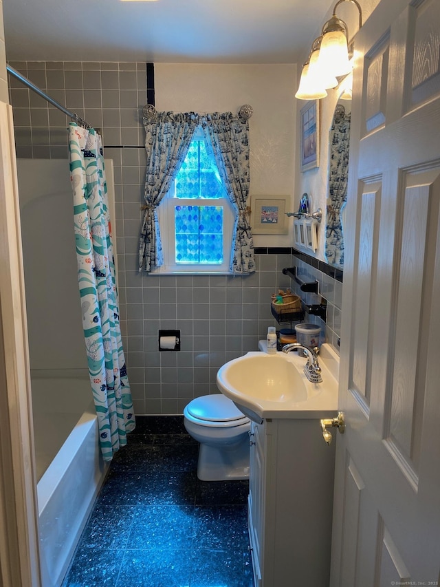18 Bch Park Rd, Clinton, CT 06413 - full bathroom featuring tile walls, vanity, shower / bath combo with shower curtain, and a wainscoted wall
