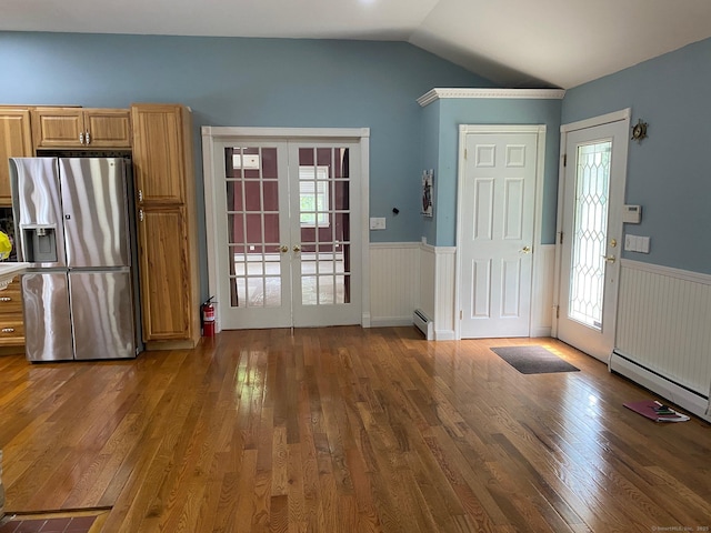 18 Bch Park Rd, Clinton, CT 06413 - entryway featuring french doors, wood finished floors, a wainscoted wall, lofted ceiling, and a baseboard heating unit