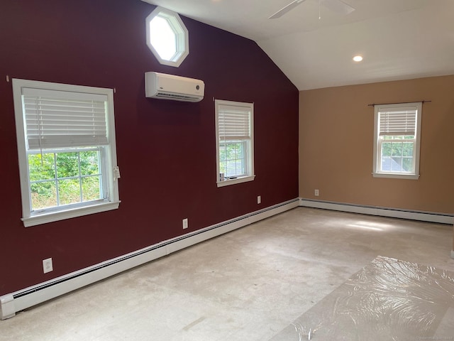 18 Bch Park Rd, Clinton, CT 06413 - additional living space with an AC wall unit, a baseboard heating unit, a ceiling fan, vaulted ceiling, and carpet