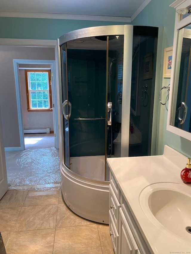 18 Bch Park Rd, Clinton, CT 06413 - full bathroom featuring baseboard heating, vanity, ornamental molding, bath / shower combo with glass door, and tile patterned flooring