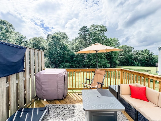 60 Sachem Dr Unit 60, Plainfield, CT 06374 - deck featuring an outdoor living space, area for grilling, a lawn, and view of scattered trees