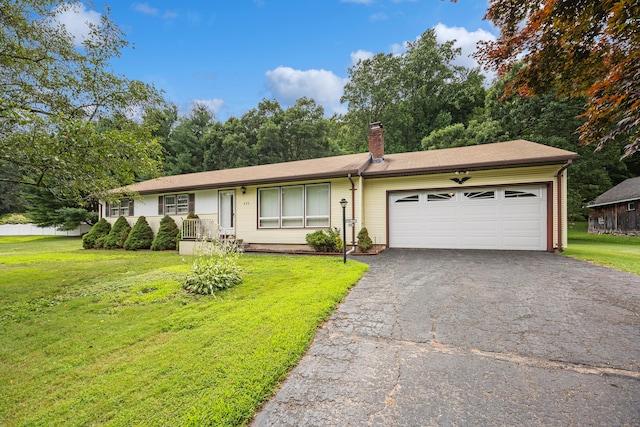 233 Mountain Rd, Cheshire, CT 06410 - ranch-style house featuring a garage, asphalt driveway, a front lawn, and a chimney