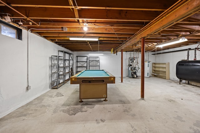 233 Mountain Rd, Cheshire, CT 06410 - basement featuring heating fuel, billiards table, electric water heater, and a heating unit