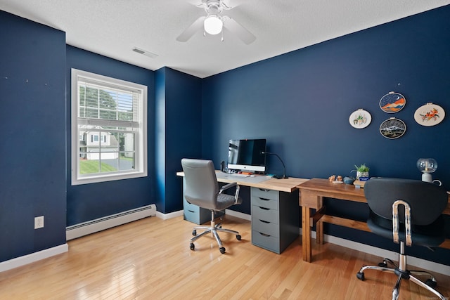 11 Adam Dr, Newington, CT 06111 - office area with baseboard heating, wood finished floors, ceiling fan, and a textured ceiling