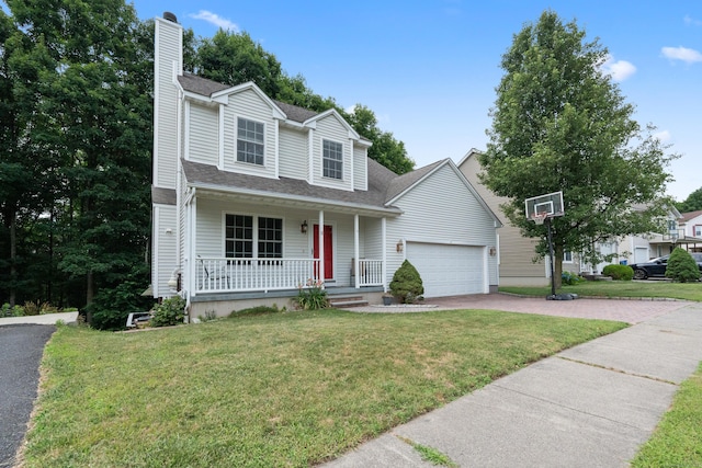 11 Adam Dr, Newington, CT 06111 - traditional home featuring a chimney, a porch, driveway, a front lawn, and a shingled roof